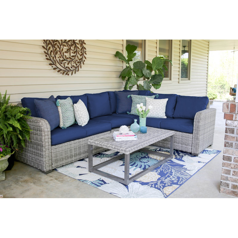Gallagher Coast 5 Piece Rattan Sectional Seating Group with Cushions